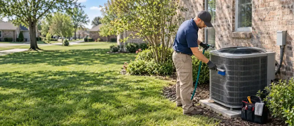 Technician cleaning the coil of an outdoor air conditioner with a brush and hose
