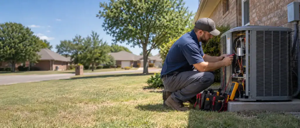 Technician testing the wiring of an outdoor air conditioner beside a brick home