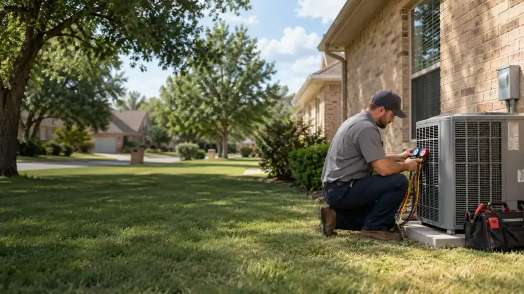 Technician reading refrigerant pressure gauges connected to an outdoor air conditioner