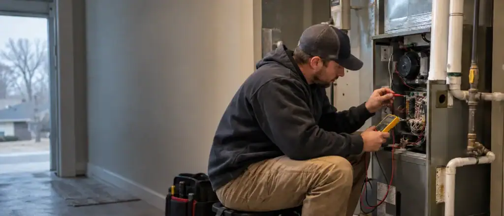 Technician testing a furnace control board with a multimeter
