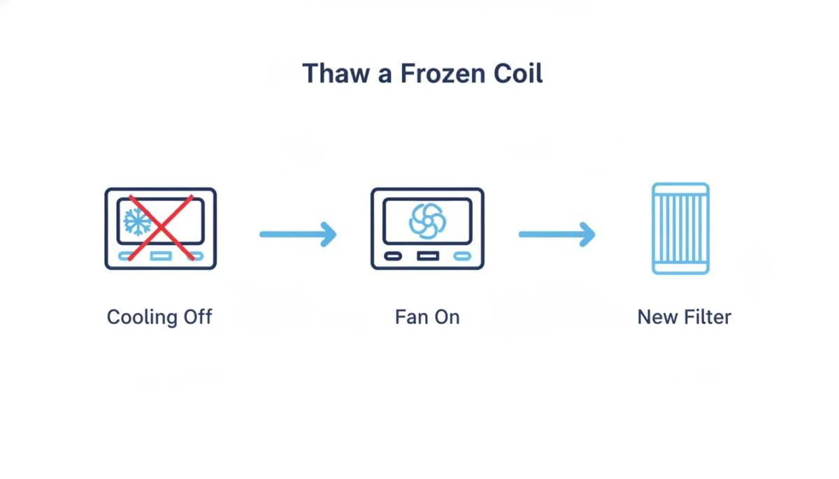 Three steps to thaw a frozen AC coil: set cooling to off, set the fan to on, and install a new air filter